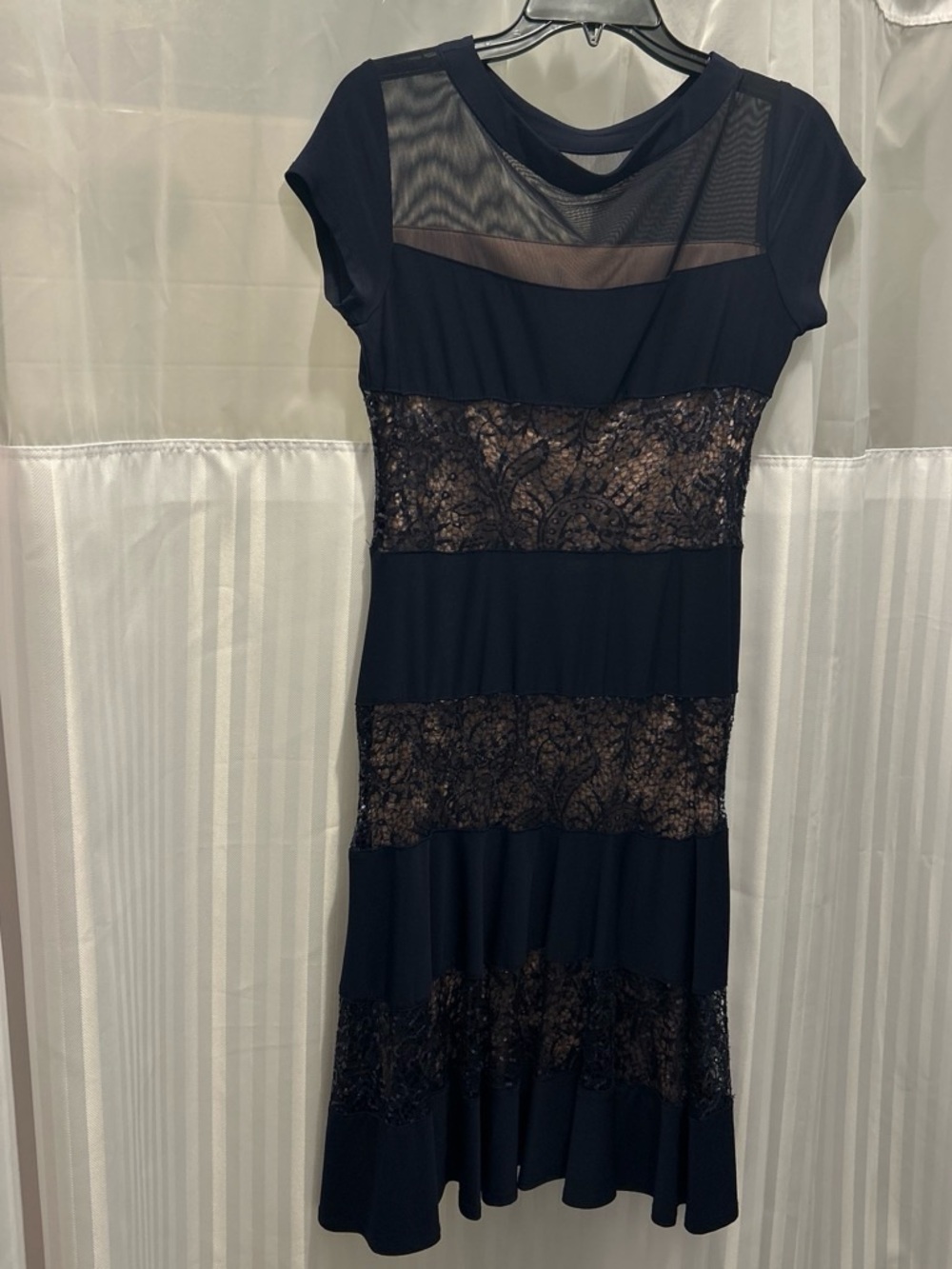 Women's navy Lace-Panel Midi Dress with Mesh Yoke